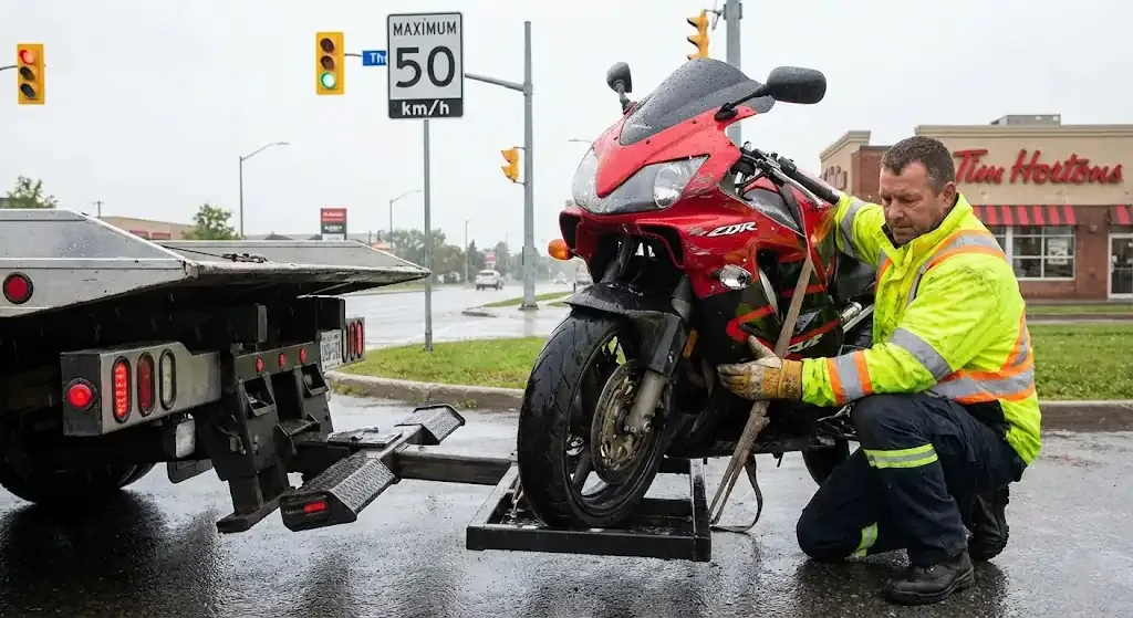 Saskatoon motorcycle being safely loaded for transport