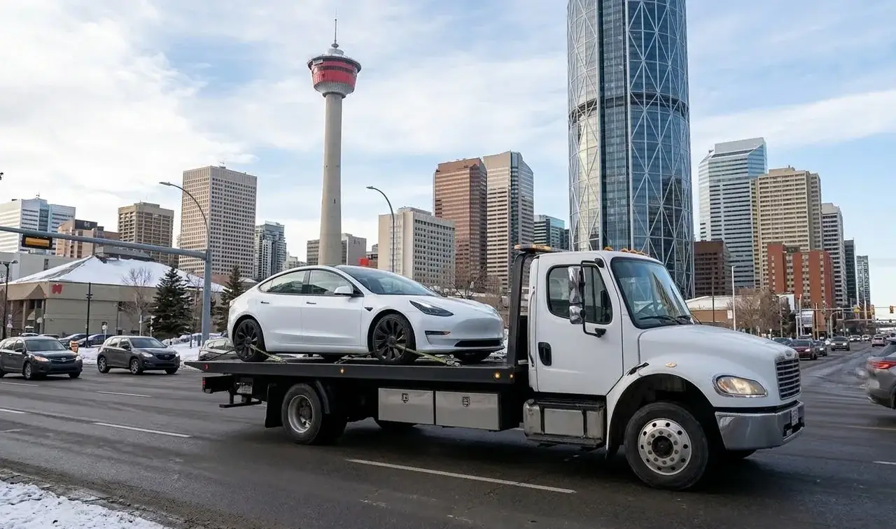 Saskatoon electric vehicle on flatbed transport